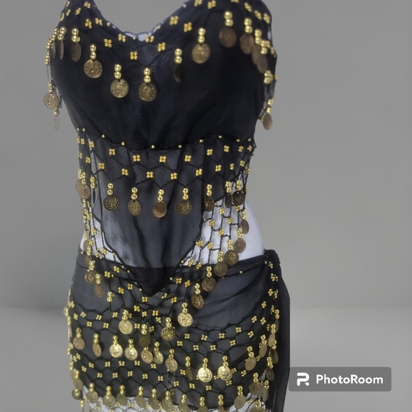 2-Piece Sexy Bellydancing Arabian Costume Set-Black with Gold Coins - Picture 5 of 10